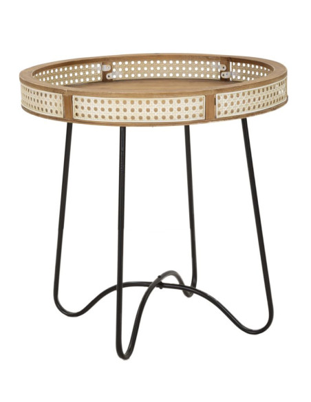 Table d'appoint design bohème chic Ronde Bois de sapin Naturel Métal Beige Effet cannage Noir Fuji 60 cm 