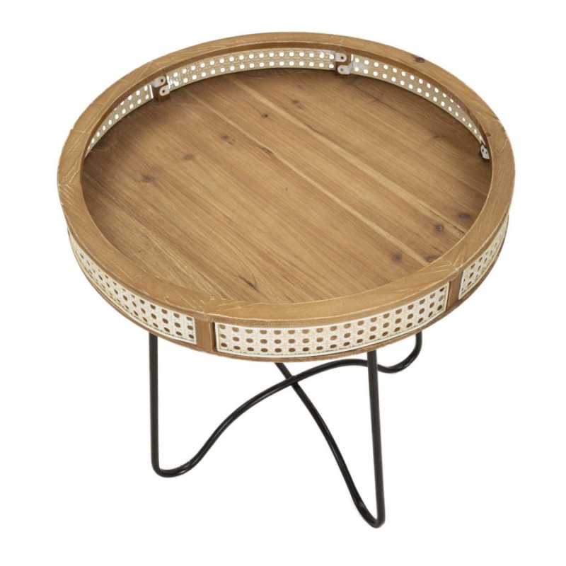 Table d'appoint design bohème chic Ronde Bois de sapin Naturel Métal Beige Effet cannage Noir Fuji 60 cm 