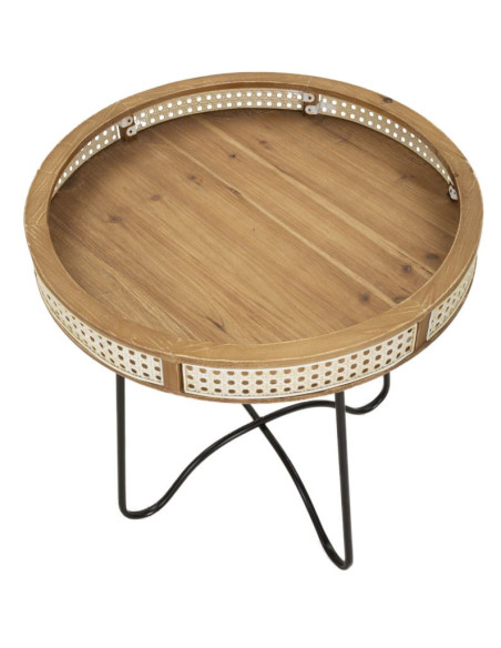 Table d'appoint design bohème chic Ronde Bois de sapin Naturel Métal Beige Effet cannage Noir Fuji 60 cm 