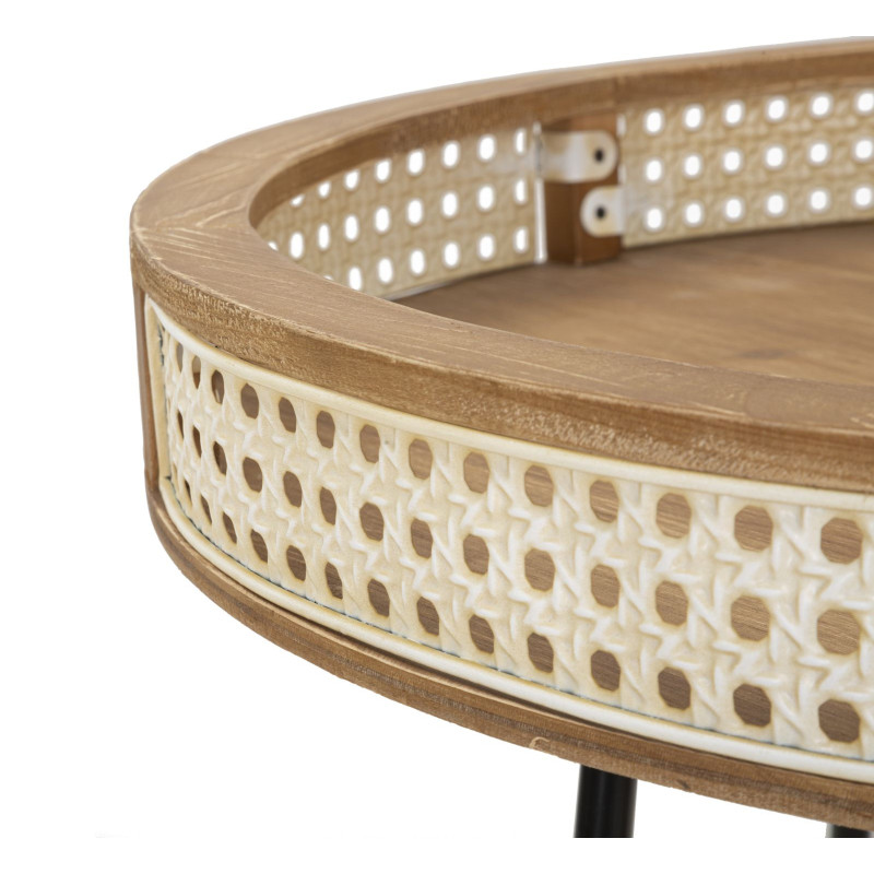 Table d'appoint design bohème chic Ronde Bois de sapin Naturel Métal Beige Effet cannage Noir Fuji 60 cm 