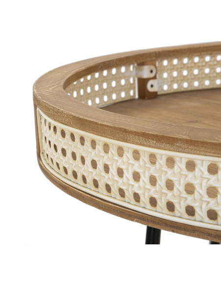 Table d'appoint design bohème chic Ronde Bois de sapin Naturel Métal Beige Effet cannage Noir Fuji 60 cm 