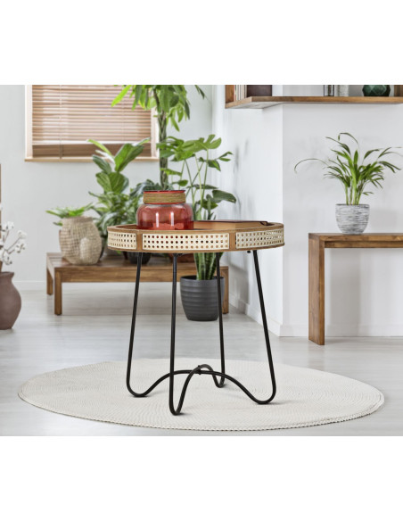 Table d'appoint design bohème chic Ronde Bois de sapin Naturel Métal Beige Effet cannage Noir Fuji 60 cm 