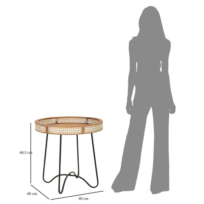 Table d'appoint design bohème chic Ronde Bois de sapin Naturel Métal Beige Effet cannage Noir Fuji 60 cm 