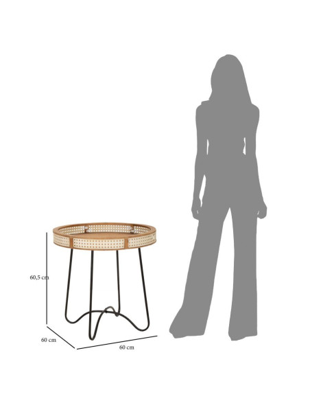 Table d'appoint design bohème chic Ronde Bois de sapin Naturel Métal Beige Effet cannage Noir Fuji 60 cm 
