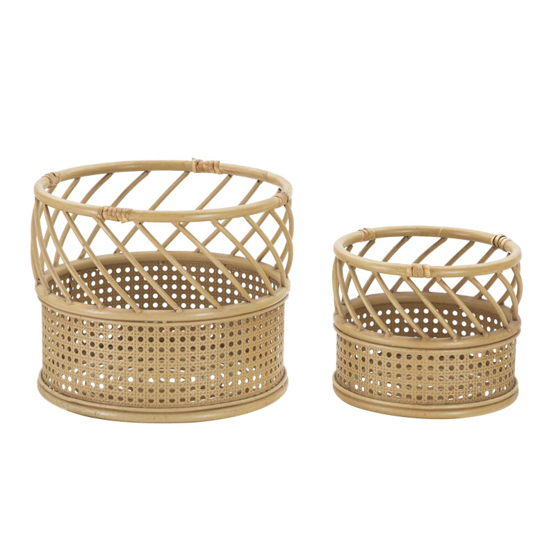 Lot de 2 Grands Cache-pots bohème chic Rond Rotin Naturel Métal Panama 