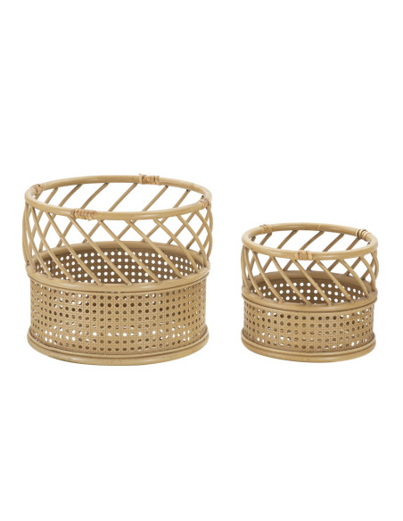 Lot de 2 Grands Cache-pots bohème chic Rond Rotin Naturel Métal Panama 