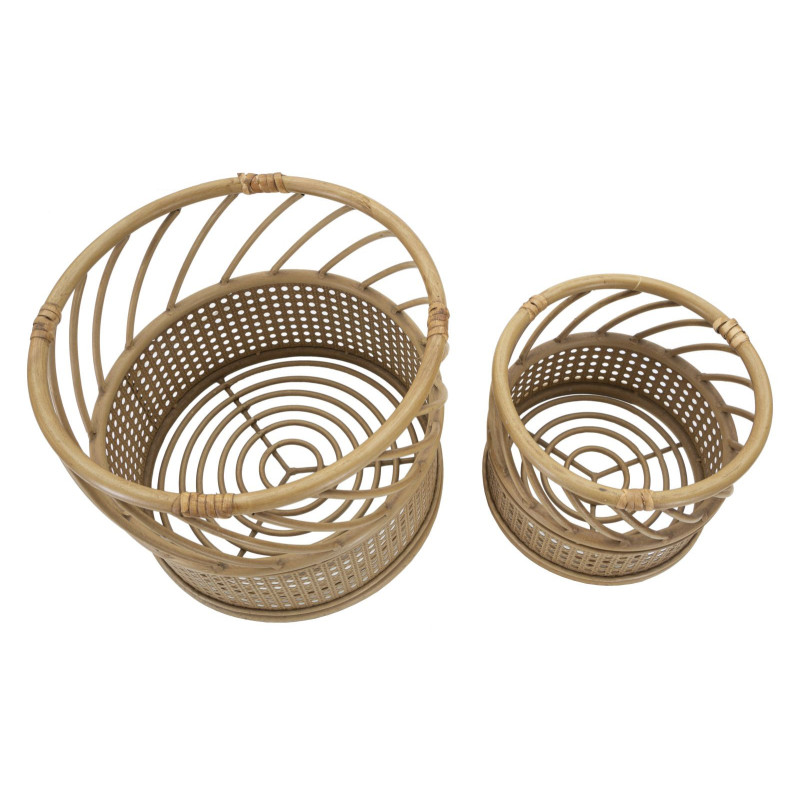 Lot de 2 Grands Cache-pots bohème chic Rond Rotin Naturel Métal Panama 