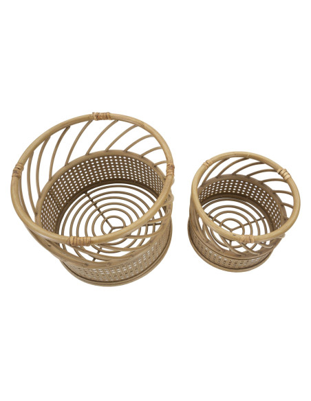 Lot de 2 Grands Cache-pots bohème chic Rond Rotin Naturel Métal Panama 