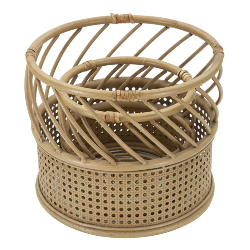 Lot de 2 Grands Cache-pots bohème chic Rond Rotin Naturel Métal Panama 