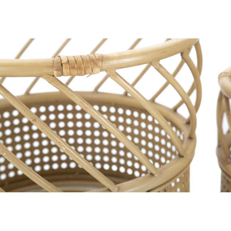 Lot de 2 Grands Cache-pots bohème chic Rond Rotin Naturel Métal Panama 