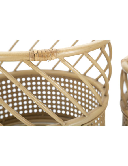 Lot de 2 Grands Cache-pots bohème chic Rond Rotin Naturel Métal Panama 