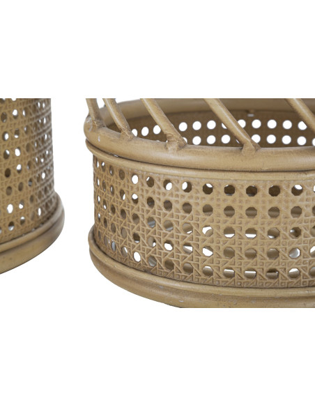 Lot de 2 Grands Cache-pots bohème chic Rond Rotin Naturel Métal Panama 