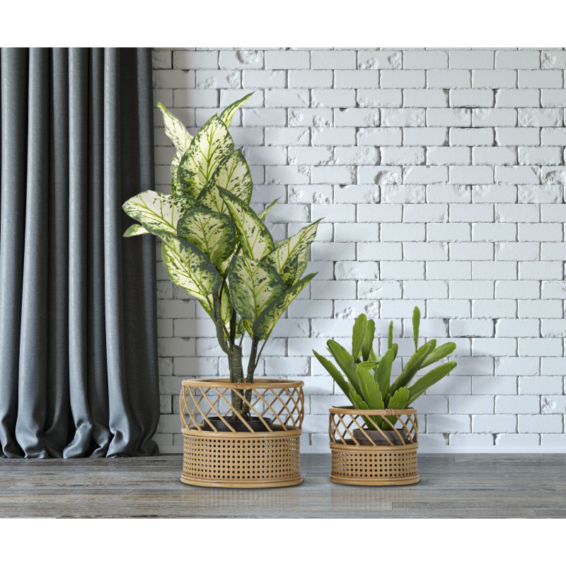 Lot de 2 Grands Cache-pots bohème chic Rond Rotin Naturel Métal Panama 