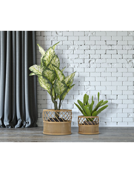 Lot de 2 Grands Cache-pots bohème chic Rond Rotin Naturel Métal Panama 