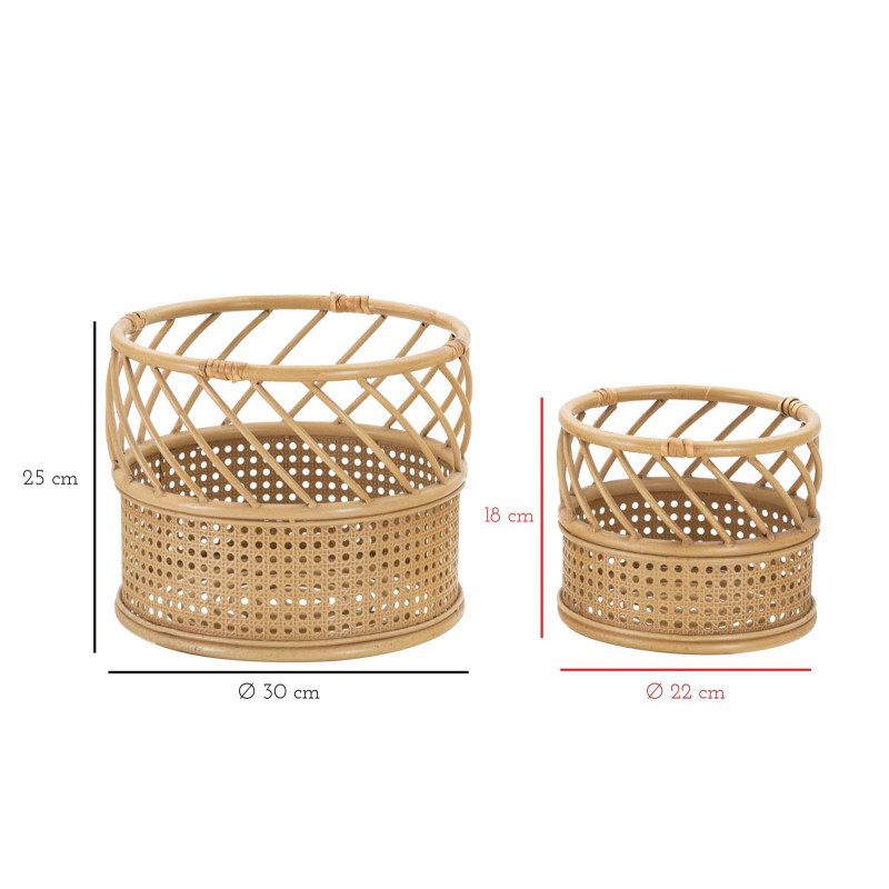 Lot de 2 Grands Cache-pots bohème chic Rond Rotin Naturel Métal Panama 