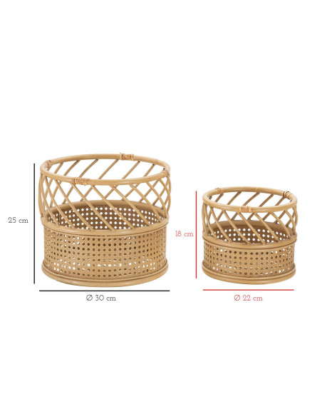 Lot de 2 Grands Cache-pots bohème chic Rond Rotin Naturel Métal Panama 