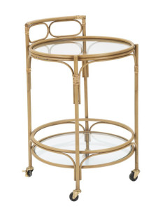 Desserte bohème chic sur roues Ronde 2 niveaux Rotin Naturel Verre Transparent Métal Panama 51 cm 