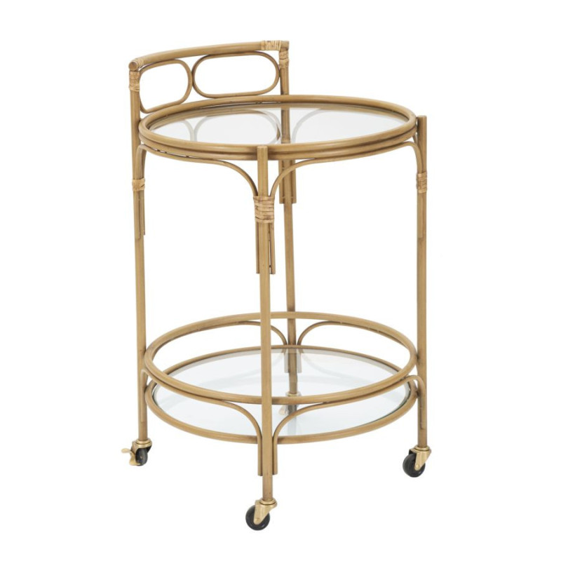 Desserte bohème chic sur roues Ronde 2 niveaux Rotin Naturel Verre Transparent Métal Panama 51 cm 