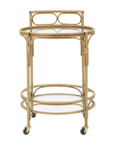 Desserte bohème chic sur roues Ronde 2 niveaux Rotin Naturel Verre Transparent Métal Panama 51 cm 