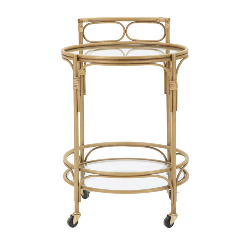 Desserte bohème chic sur roues Ronde 2 niveaux Rotin Naturel Verre Transparent Métal Panama 51 cm 