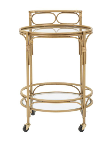 Desserte bohème chic sur roues Ronde 2 niveaux Rotin Naturel Verre Transparent Métal Panama 51 cm 