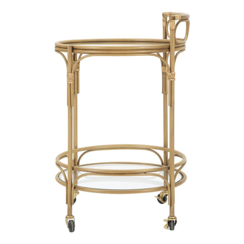 Desserte bohème chic sur roues Ronde 2 niveaux Rotin Naturel Verre Transparent Métal Panama 51 cm 