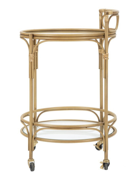 Desserte bohème chic sur roues Ronde 2 niveaux Rotin Naturel Verre Transparent Métal Panama 51 cm 