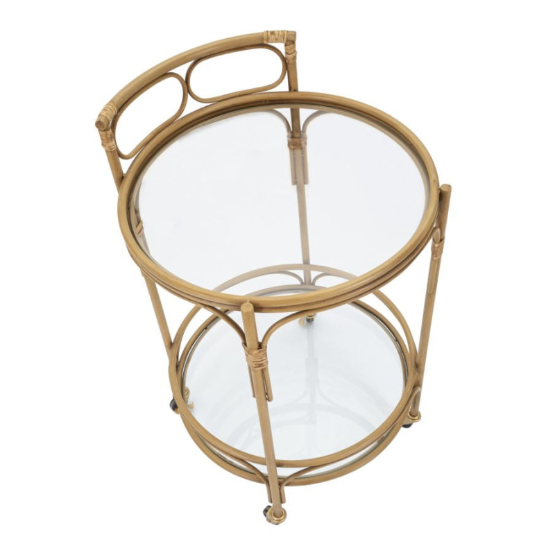 Desserte bohème chic sur roues Ronde 2 niveaux Rotin Naturel Verre Transparent Métal Panama 51 cm 