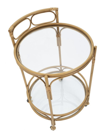 Desserte bohème chic sur roues Ronde 2 niveaux Rotin Naturel Verre Transparent Métal Panama 51 cm 