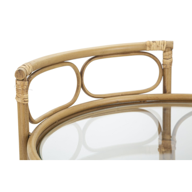 Desserte bohème chic sur roues Ronde 2 niveaux Rotin Naturel Verre Transparent Métal Panama 51 cm 