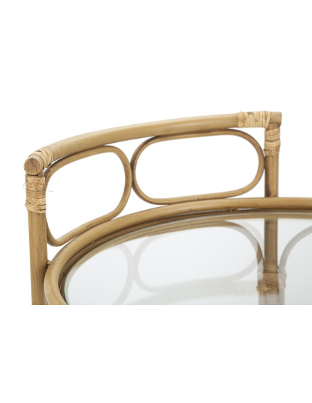 Desserte bohème chic sur roues Ronde 2 niveaux Rotin Naturel Verre Transparent Métal Panama 51 cm 