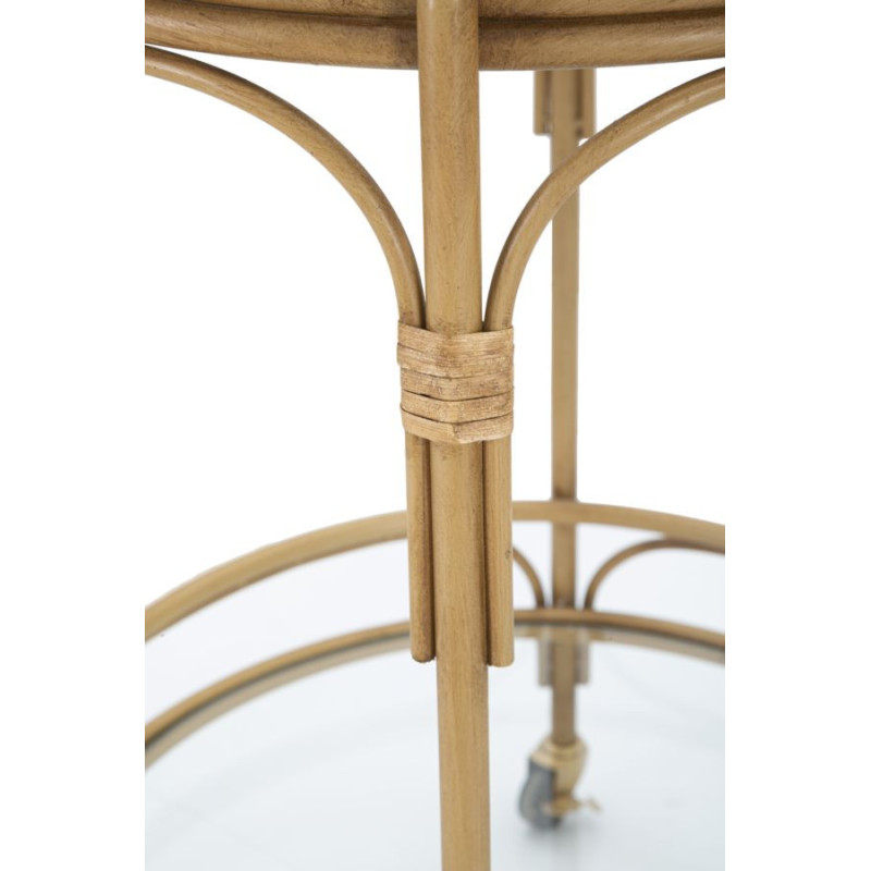 Desserte bohème chic sur roues Ronde 2 niveaux Rotin Naturel Verre Transparent Métal Panama 51 cm 