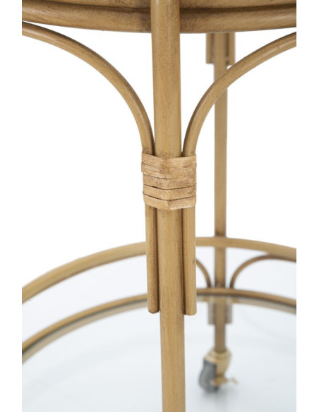 Desserte bohème chic sur roues Ronde 2 niveaux Rotin Naturel Verre Transparent Métal Panama 51 cm 
