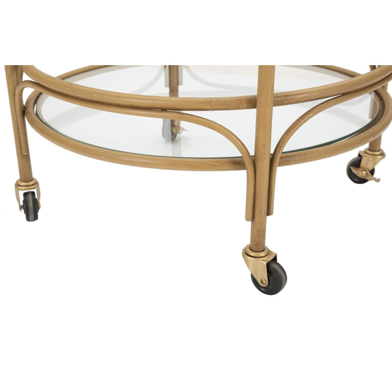 Desserte bohème chic sur roues Ronde 2 niveaux Rotin Naturel Verre Transparent Métal Panama 51 cm 