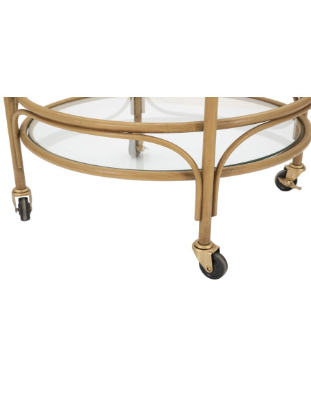 Desserte bohème chic sur roues Ronde 2 niveaux Rotin Naturel Verre Transparent Métal Panama 51 cm 