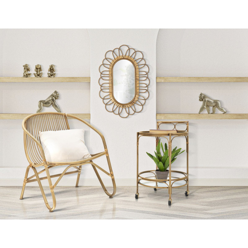 Desserte bohème chic sur roues Ronde 2 niveaux Rotin Naturel Verre Transparent Métal Panama 51 cm 