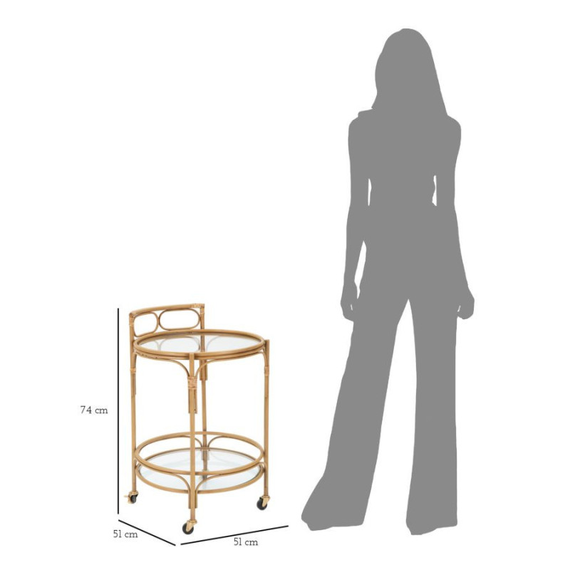 Desserte bohème chic sur roues Ronde 2 niveaux Rotin Naturel Verre Transparent Métal Panama 51 cm 