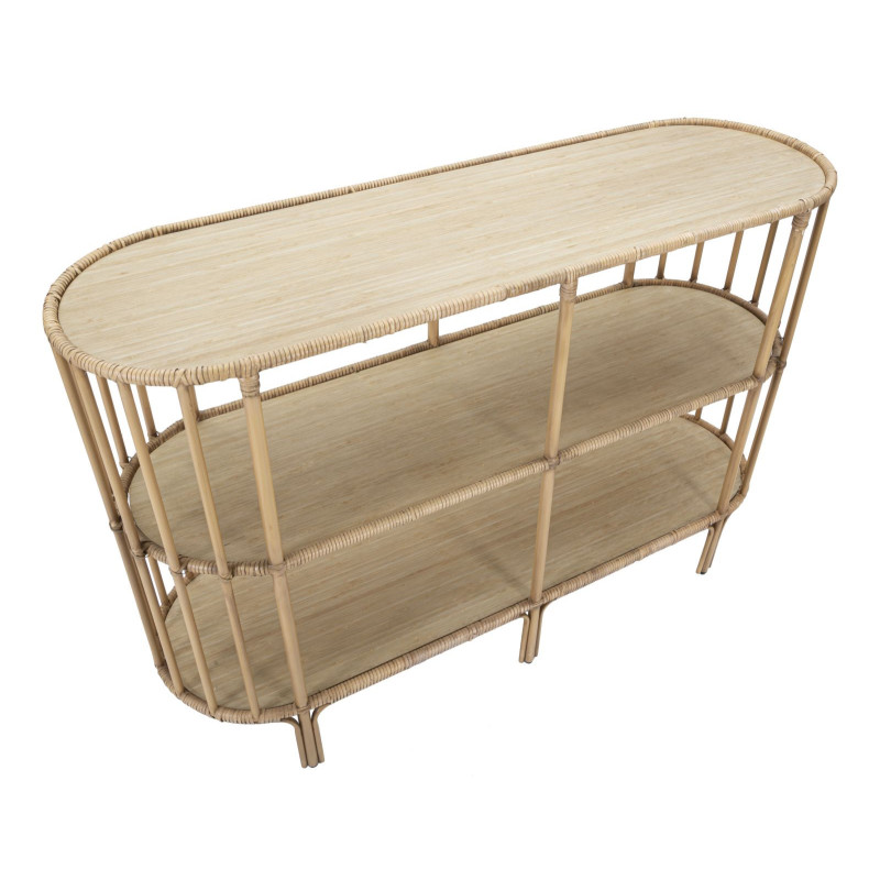 Console bohème chic Ovale 2 étagères Rotin Naturel Tressé Bois MDF Naturel Métal Panama 120 cm 