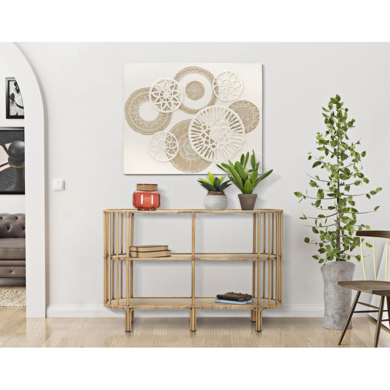 Console bohème chic Ovale 2 étagères Rotin Naturel Tressé Bois MDF Naturel Métal Panama 120 cm 