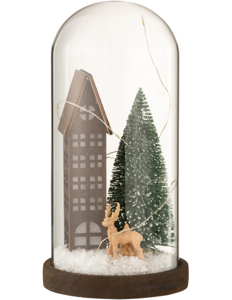 Décoration de Noël lumineuse Led XL Sapin & Immeuble sous cloche en Verre Transparent Bois Marron - 1