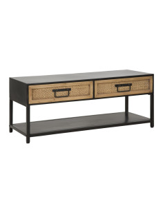 Table basse design rétro chic Rectangulaire 2 tiroirs 1 étagère Métal Noir Bois de sapin Naturel Effet rotin tressé Hanoi 95 cm 