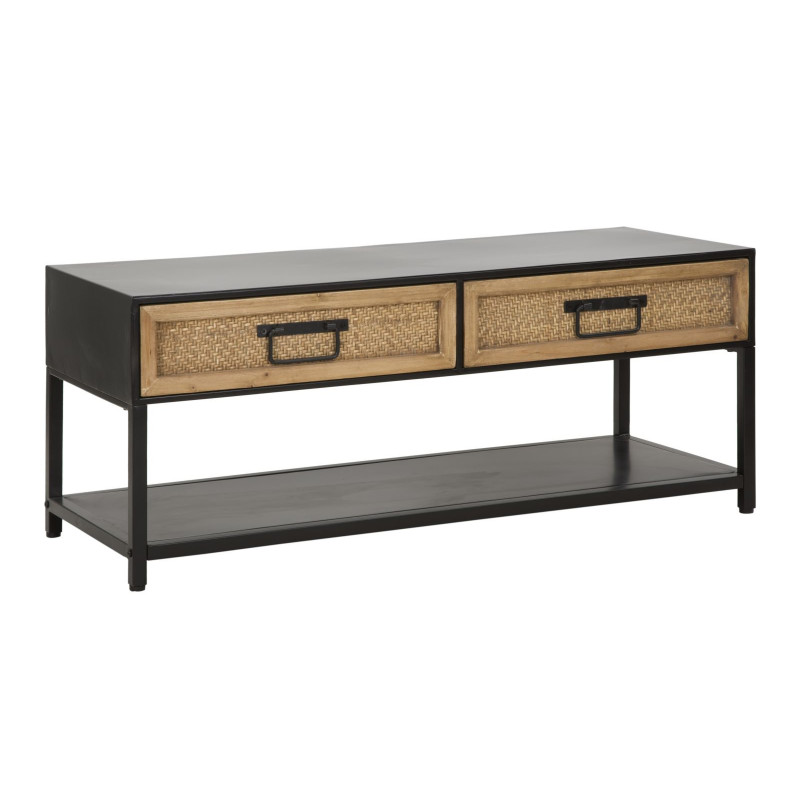Table basse design rétro chic Rectangulaire 2 tiroirs 1 étagère Métal Noir Bois de sapin Naturel Effet rotin tressé Hanoi 95 cm 