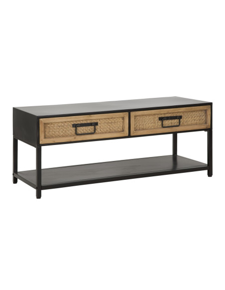 Table basse design rétro chic Rectangulaire 2 tiroirs 1 étagère Métal Noir Bois de sapin Naturel Effet rotin tressé Hanoi 95 cm 