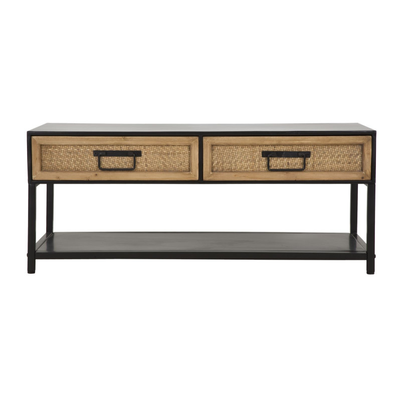 Table basse design rétro chic Rectangulaire 2 tiroirs 1 étagère Métal Noir Bois de sapin Naturel Effet rotin tressé Hanoi 95 cm 