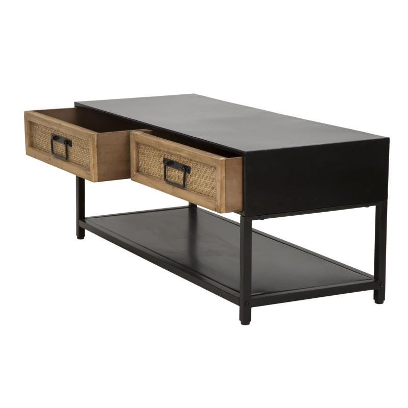 Table basse design rétro chic Rectangulaire 2 tiroirs 1 étagère Métal Noir Bois de sapin Naturel Effet rotin tressé Hanoi 95 cm 