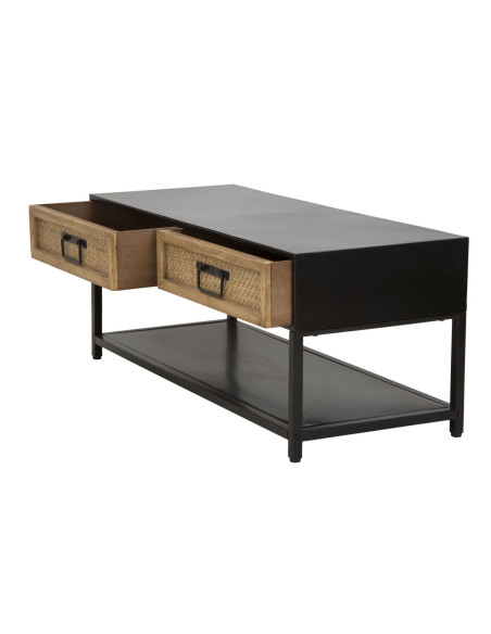 Table basse design rétro chic Rectangulaire 2 tiroirs 1 étagère Métal Noir Bois de sapin Naturel Effet rotin tressé Hanoi 95 cm 