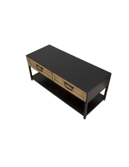 Table basse design rétro chic Rectangulaire 2 tiroirs 1 étagère Métal Noir Bois de sapin Naturel Effet rotin tressé Hanoi 95 cm 
