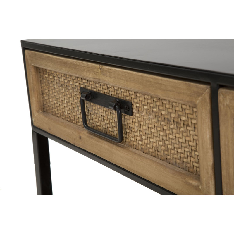 Table basse design rétro chic Rectangulaire 2 tiroirs 1 étagère Métal Noir Bois de sapin Naturel Effet rotin tressé Hanoi 95 cm 