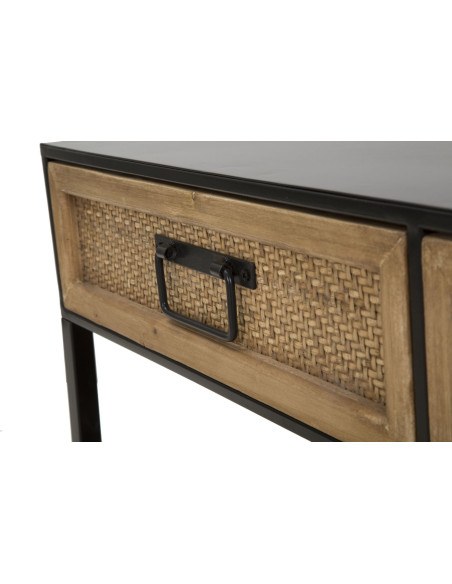 Table basse design rétro chic Rectangulaire 2 tiroirs 1 étagère Métal Noir Bois de sapin Naturel Effet rotin tressé Hanoi 95 cm 