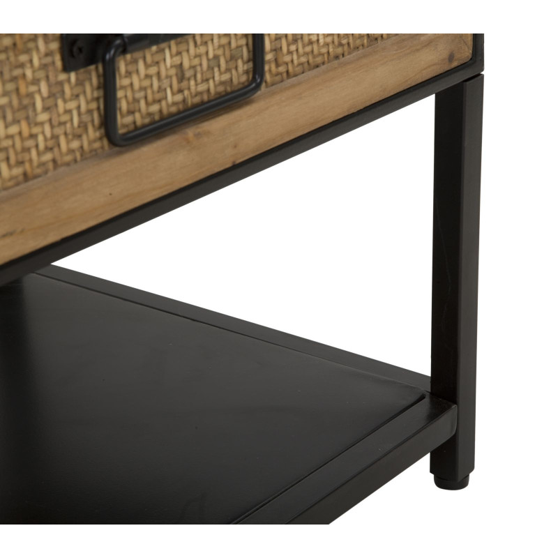 Table basse design rétro chic Rectangulaire 2 tiroirs 1 étagère Métal Noir Bois de sapin Naturel Effet rotin tressé Hanoi 95 cm 